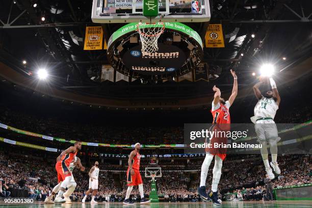 Kyrie Irving of the Boston Celtics dunks against the New Orleans Pelicans on January 16, 2018 at the TD Garden in Boston, Massachusetts. NOTE TO...