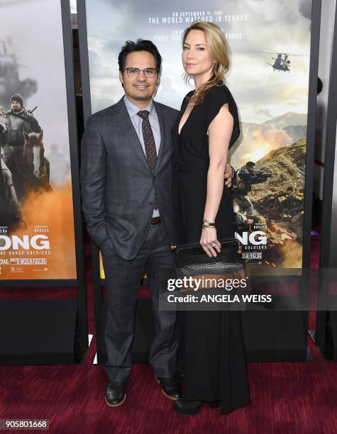 Actor Michael Pena and screenwriter Brie Shaffer attend the world premiere of "12 Strong" at Jazz at Lincoln Center on January 16 in New York City. /...