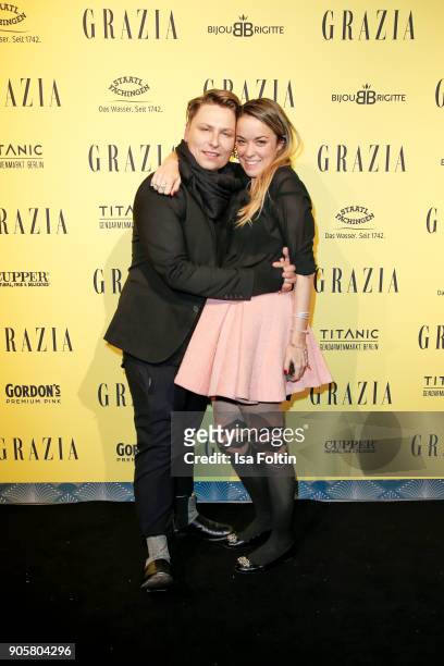 Designer Dawid Tomaszewski and designer Marina Hoermanseder during the Grazia Fashion Dinner at Titanic Deluxe Hotel on January 16, 2018 in Berlin,...