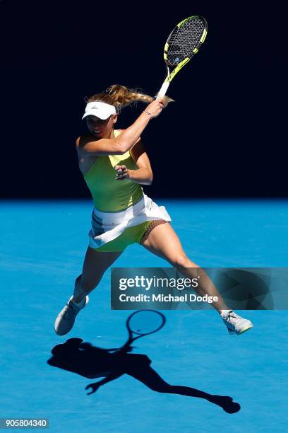 Caroline Wozniacki of Denmark plays a forehand in her second round match against Jana Fett of Croatia on day three of the 2018 Australian Open at...