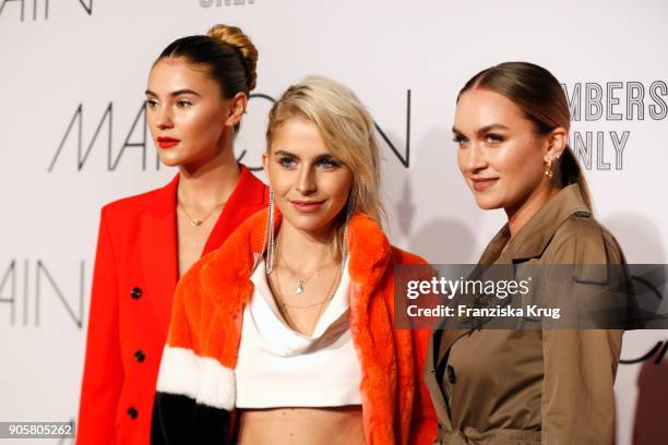 Stefanie Giesinger, Caro Daur and Nina Suess during the Marc Cain Fashion Show Berlin Autumn/Winter 2018 at metro station Potsdamer Platz on January...