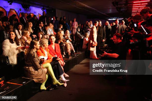 Nina Suess, Caro Daur and Stefanie Giesinger during the Marc Cain Fashion Show Berlin Autumn/Winter 2018 at metro station Potsdamer Platz on January...