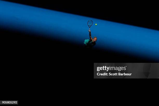 Katerina Siniakova of the Czech Republic serves in her second round match against Elina Svitolina of Ukraine on day three of the 2018 Australian Open...