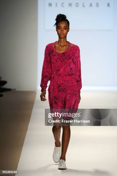 Model walks the runway at the TRESemme at Nicholas K Spring 2010 Fashion Show at the Promenade during Mercedes-Benz Fashion Week at Bryant Park on...