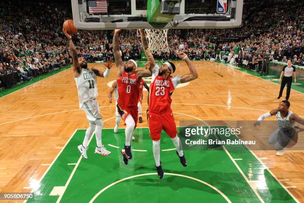 Kyrie Irving of the Boston Celtics dunks against the New Orleans Pelicans on January 16, 2018 at the TD Garden in Boston, Massachusetts. NOTE TO...