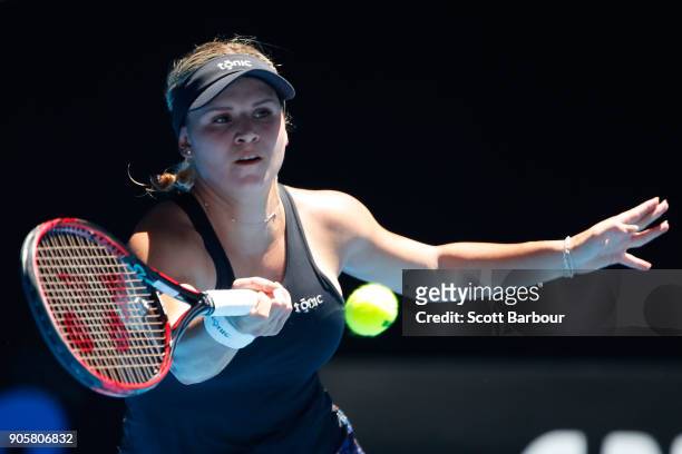 Jana Fett of Croatia plays a forehand in her second round match against Caroline Wozniacki of Denmark on day three of the 2018 Australian Open at...