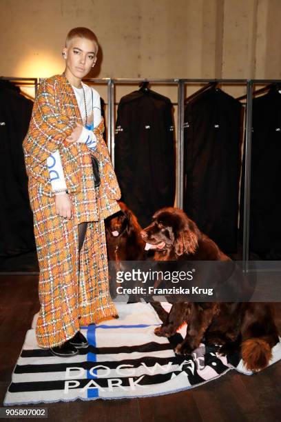 Singer Alina Sueggeler wearing during the Dorothee Schumacher Fashion Presentation on January 16, 2018 in Berlin, Germany.