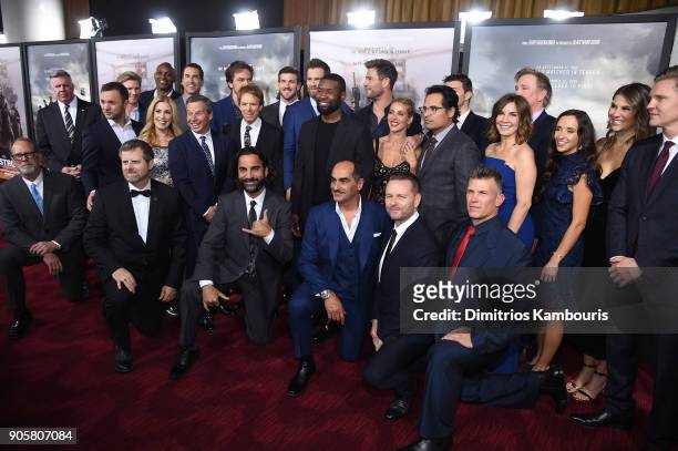 Trevante Rhodes, Michael Shannon, Chris Hemsworth, Michael Pena and Allison King pose with the cast and crew at the world premiere of "12 Strong" at...