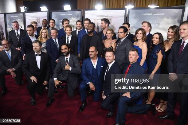 Trevante Rhodes, Michael Shannon, Chris Hemsworth, Michael Pena and Allison King pose with the cast and crew at the world premiere of "12 Strong" at...