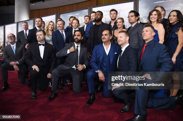 Trevante Rhodes, Michael Shannon, Chris Hemsworth, Michael Pena and Allison King pose with the cast and crew at the world premiere of "12 Strong" at...