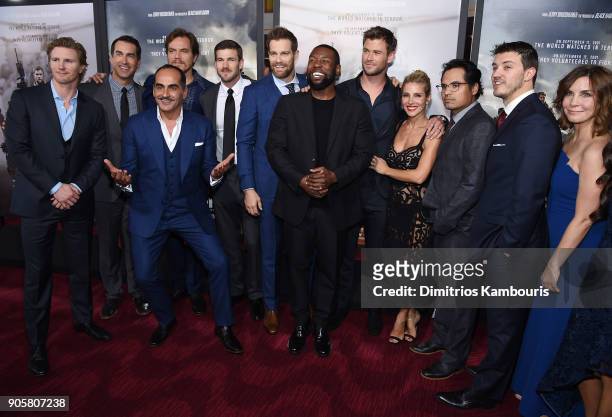 Michael Shannon, Trevante Rhodes, Michael Shannon, Chris Hemsworth, Elsa Pataky, Michael Pena, and Allison King pose with the cast and crew at the...