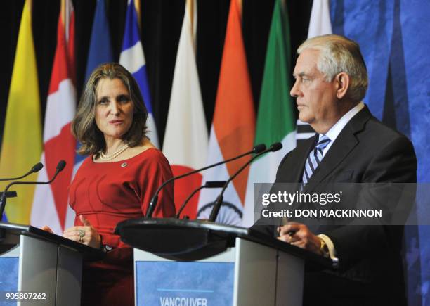 Canadian Foreign Minister Chrystia Freeland and US Secretary of State Rex Tillerson conduct a press conference at the Vancouver Foreign Ministers'...