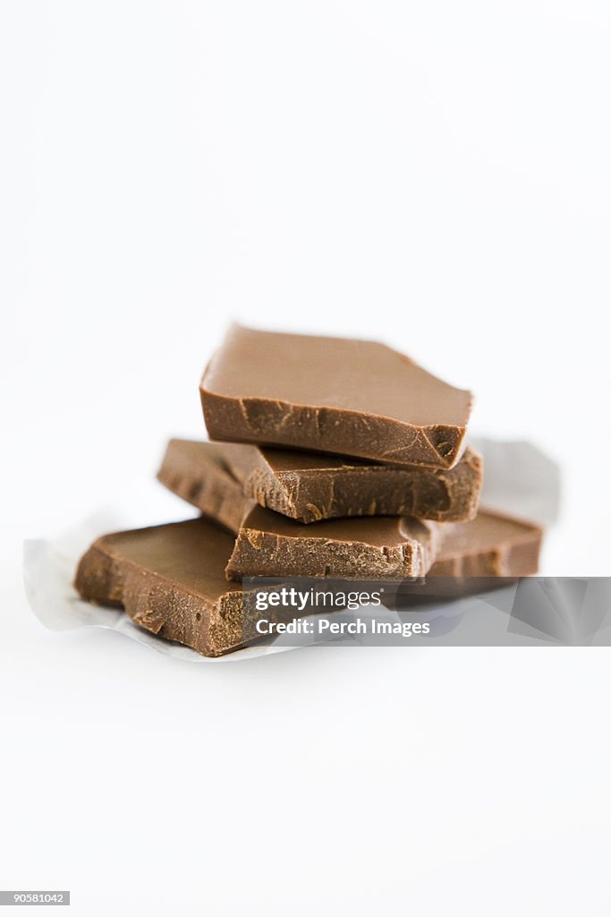 Chocolate bar on wrapper shot on white