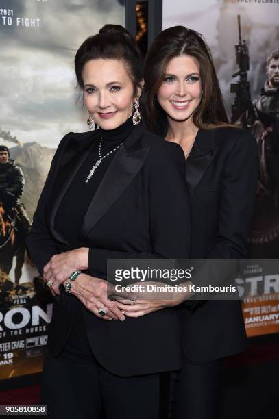Lynda Carter and Jessica Altman attend the world premiere of "12 Strong" at Jazz at Lincoln Center on January 16, 2018 in New York City.