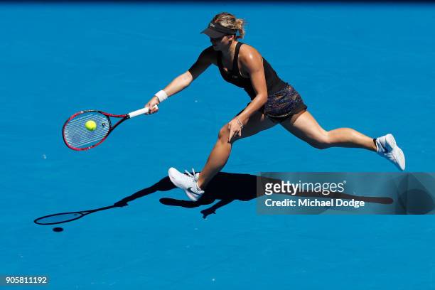 Jana Fett of Croatia plays a forehand in her second round match against Caroline Wozniacki of Denmark on day three of the 2018 Australian Open at...