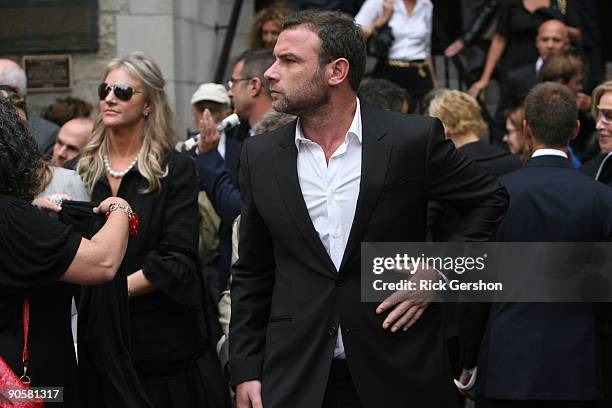 Actor Liev Schreiver exits the funeral of writer Dominick Dunne at The Church of St. Vincent Ferrer on September 10, 2009 in New York City. Dunne was...