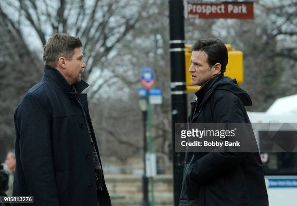Actors Marc Blucas and Adam Rothenberg on set of the AMC drama series "Dietland" on January 16, 2018 in New York City.