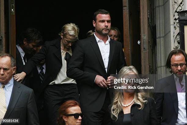 Actors Liev Schreiver and Fisher Stevens exit the funeral of writer Dominick Dunne at The Church of St. Vincent Ferrer on September 10, 2009 in New...