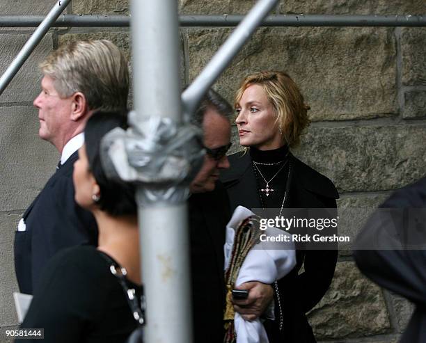 Actress Uma Thurman exits the funeral of writer Dominick Dunne at The Church of St. Vincent Ferrer on September 10, 2009 in New York City. Dunne was...