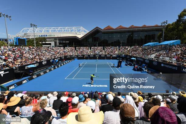 Australian fans cheer on John Millman of Australia in his second round match against Damir Dzumhur of Bosnia and Herzogovina on day three of the 2018...