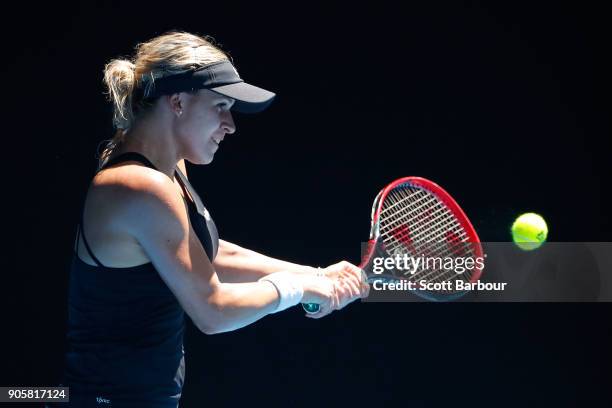 Jana Fett of Croatia plays a backhand in her second round match against Caroline Wozniacki of Denmark on day three of the 2018 Australian Open at...