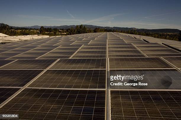 Cline Cellars winery, located in the Sonoma Valley, has installed a large array of solar panels on the roof of its barrel room as seen in this 2009...