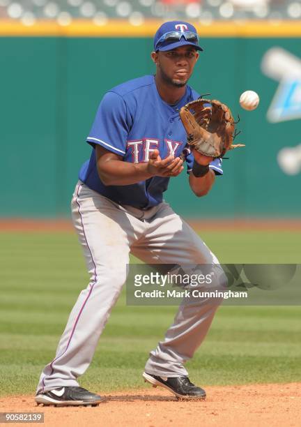 Elvis Andrus of the Texas Rangers catches a baseball against the Cleveland Indians during the game at Progressive Field on September 9, 2009 in...
