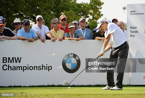 Heath Slocum hits from the 10th tee box during the first round of the BMW Championship held at Cog Hill Golf & Country Club on September 10, 2009 in...