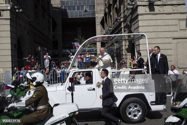 Pope Francis greets the crowd during his visit to Santiago, Chile on January 16, 2018.