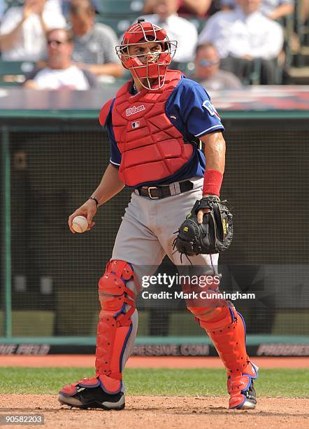 Pudge Rodriguez of the Texas Rangers looks on against the Cleveland Indians during the game at Progressive Field on September 9, 2009 in Cleveland,...