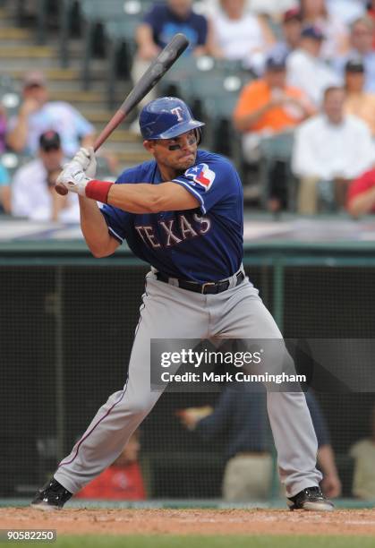 Pudge Rodriguez of the Texas Rangers bats against the Cleveland Indians during the game at Progressive Field on September 9, 2009 in Cleveland, Ohio....