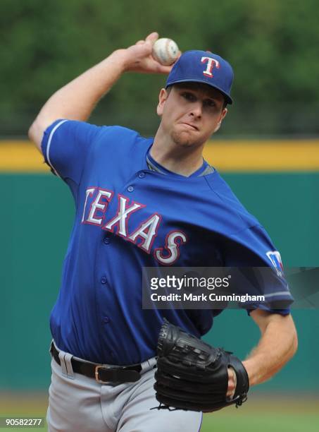Scott Feldman of the Texas Rangers pitches against the Cleveland Indians during the game at Progressive Field on September 9, 2009 in Cleveland,...
