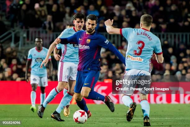 Andre Filipe Tavares Gomes of FC Barcelona fights for the ball with Andreu Fontas Prat of RC Celta de Vigo during the Copa Del Rey 2017-18 Round of...