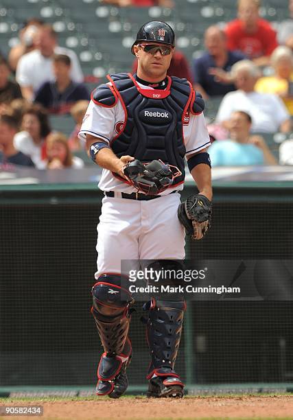 Kelly Shoppach of the Cleveland Indians looks on against the Texas Rangers during the game at Progressive Field on September 9, 2009 in Cleveland,...