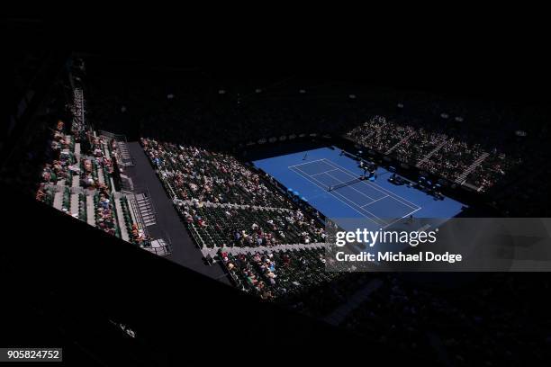 General view of Rod Laver Arena for the match between Caroline Wozniacki of Denmark and Jana Fett of Croatia on day three of the 2018 Australian Open...