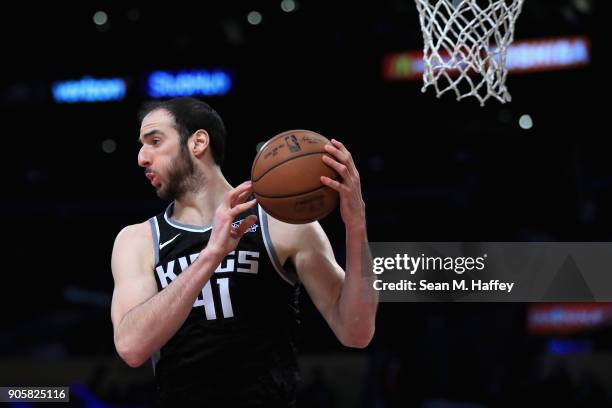 Kosta Koufos of the Sacramento Kings rebounds during the second half of a game against the Los Angeles Lakers at Staples Center on January 9, 2018 in...