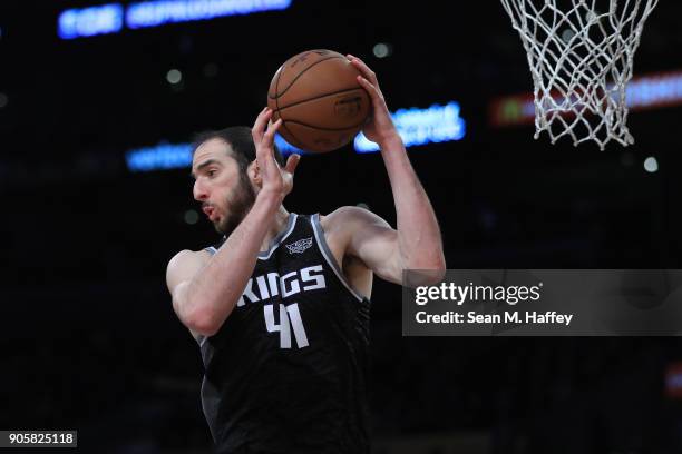 Kosta Koufos of the Sacramento Kings rebounds during the second half of a game against the Los Angeles Lakers at Staples Center on January 9, 2018 in...