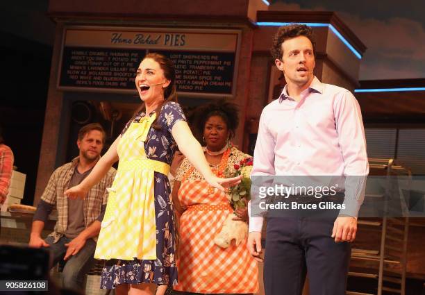 Sara Bareilles as "Jenna" and Jason Mraz as "Dr. Pomatter" take their first co-starring curtain call together in the hit musical "Waitress" on...