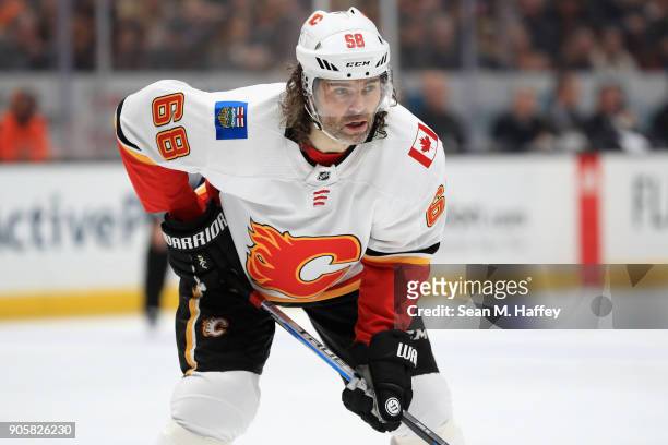 Jaromir Jagr of the Calgary Flames looks on during the second period of a game against the Anaheim Ducks at Honda Center on December 29, 2017 in...