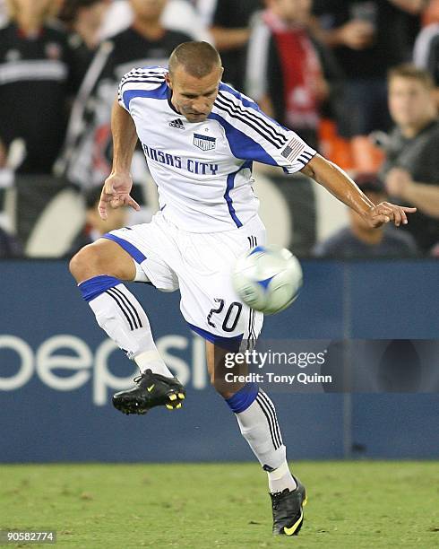 Zoltan Hercegfalvi of the Kansas City Wizards brings in a pass during an MLS match against D.C. United at RFK Stadium on September 9, 2009 in...