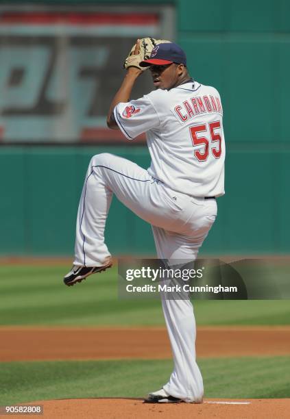 Fausto Carmona of the Cleveland Indians pitches against the Texas Rangers during the game at Progressive Field on September 9, 2009 in Cleveland,...