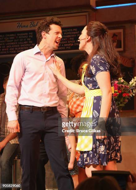 Jason Mraz as "Dr. Pomatter" and Sara Bareilles as "Jenna" take their first co-starring curtain call together in the hit musical "Waitress" on...