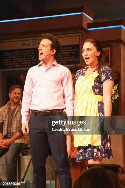 Jason Mraz as "Dr. Pomatter" and Sara Bareilles as "Jenna" take their first co-starring curtain call together in the hit musical "Waitress" on...