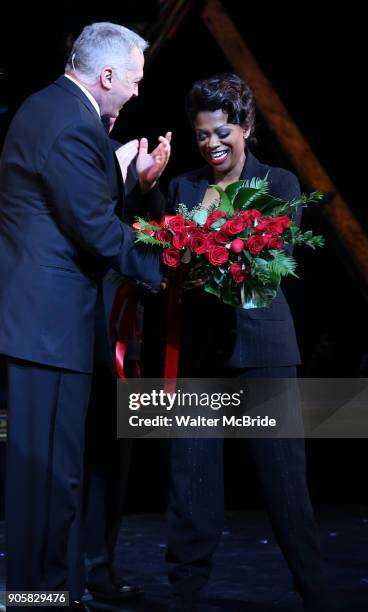 Tom Hewitt with Kandi Burruss as she makes her Broadway debut as Matron Mama Morton in 'Chicago' at the Ambassador Theatre on January 16, 2018 in New...