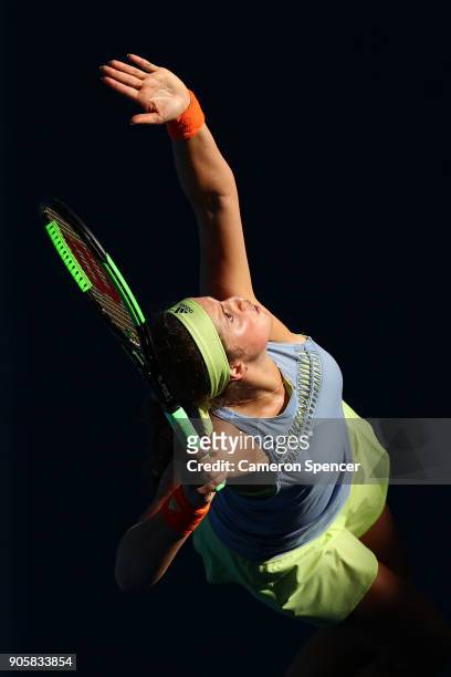 Jelena Ostapenko of Latvia serves in her second round match against Ying-Ying Duan of China on day three of the 2018 Australian Open at Melbourne...