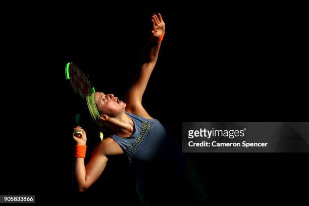 Jelena Ostapenko of Latvia serves in her second round match against Ying-Ying Duan of China on day three of the 2018 Australian Open at Melbourne...