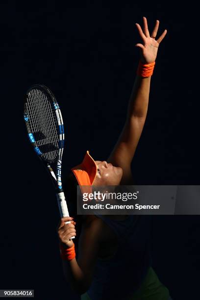 Ying-Ying Duan of China serves in her second round match against Jelena Ostapenko of Latvia on day three of the 2018 Australian Open at Melbourne...