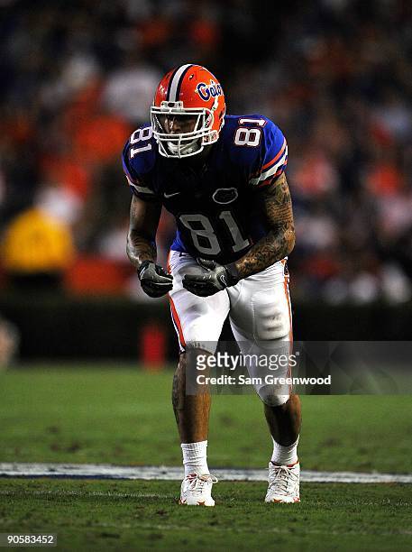 Aaron Hernandez of the Florida Gators lines up during the game against the Charleston Southern Buccaneers at Ben Hill Griffin Stadium on September 5,...