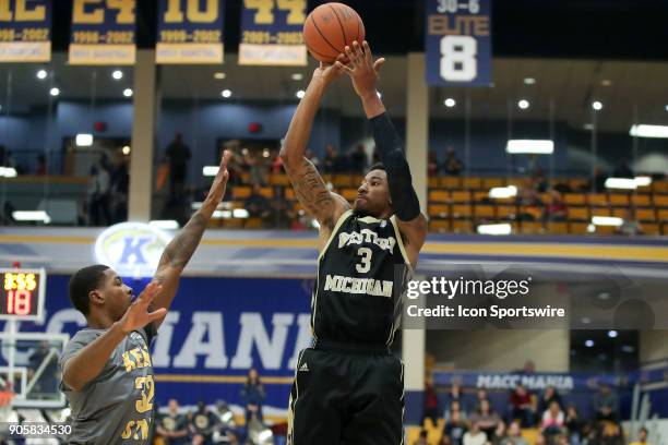 Western Michigan Broncos guard/forward Josh Davis shoots over Kent State Golden Flashes guard Desmond Ridenour during the first half of the men's...