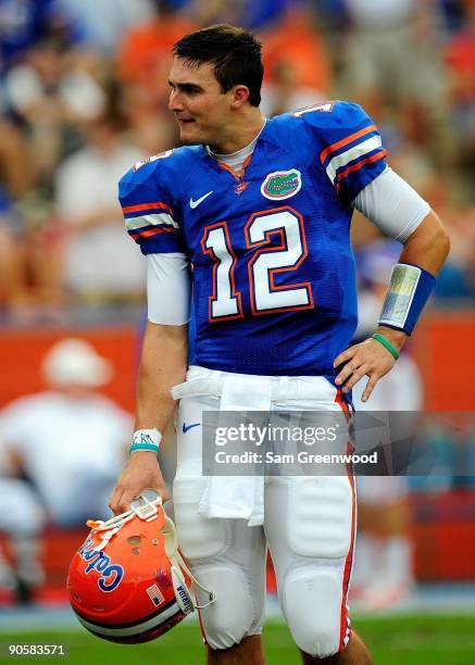 John Brantley of the Florida Gators watches the action prior to the game against the Charleston Southern Buccaneers at Ben Hill Griffin Stadium on...